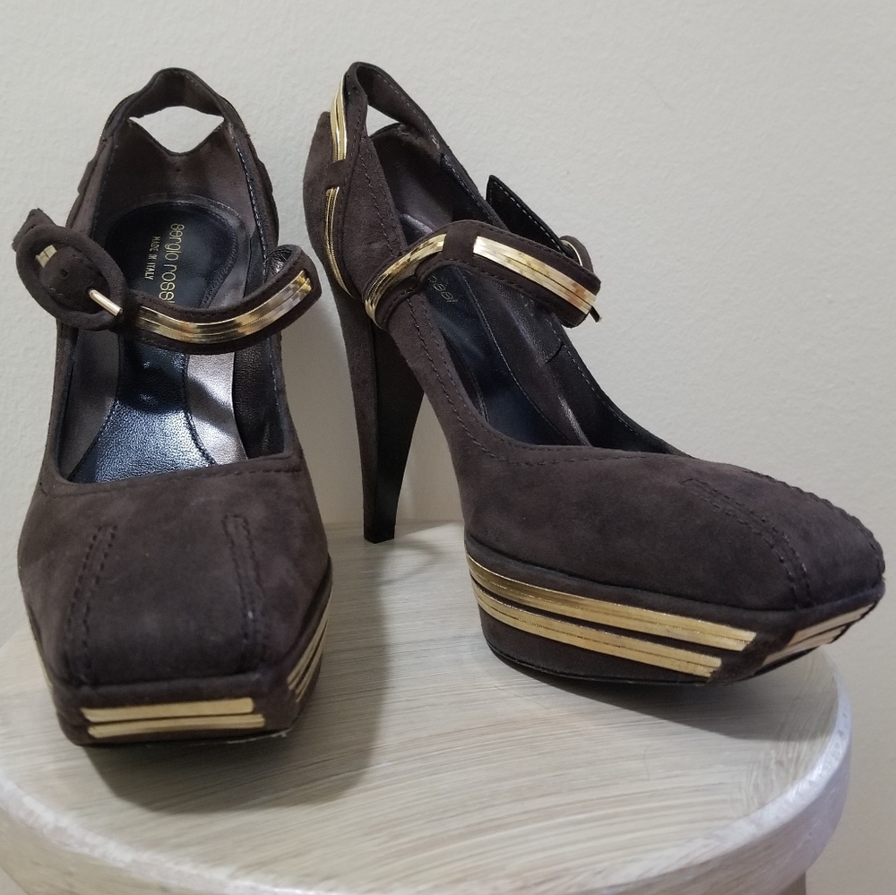 Sergio Rossi Brown Suede Platform Pump Gold Chain - Picture 4 of 10